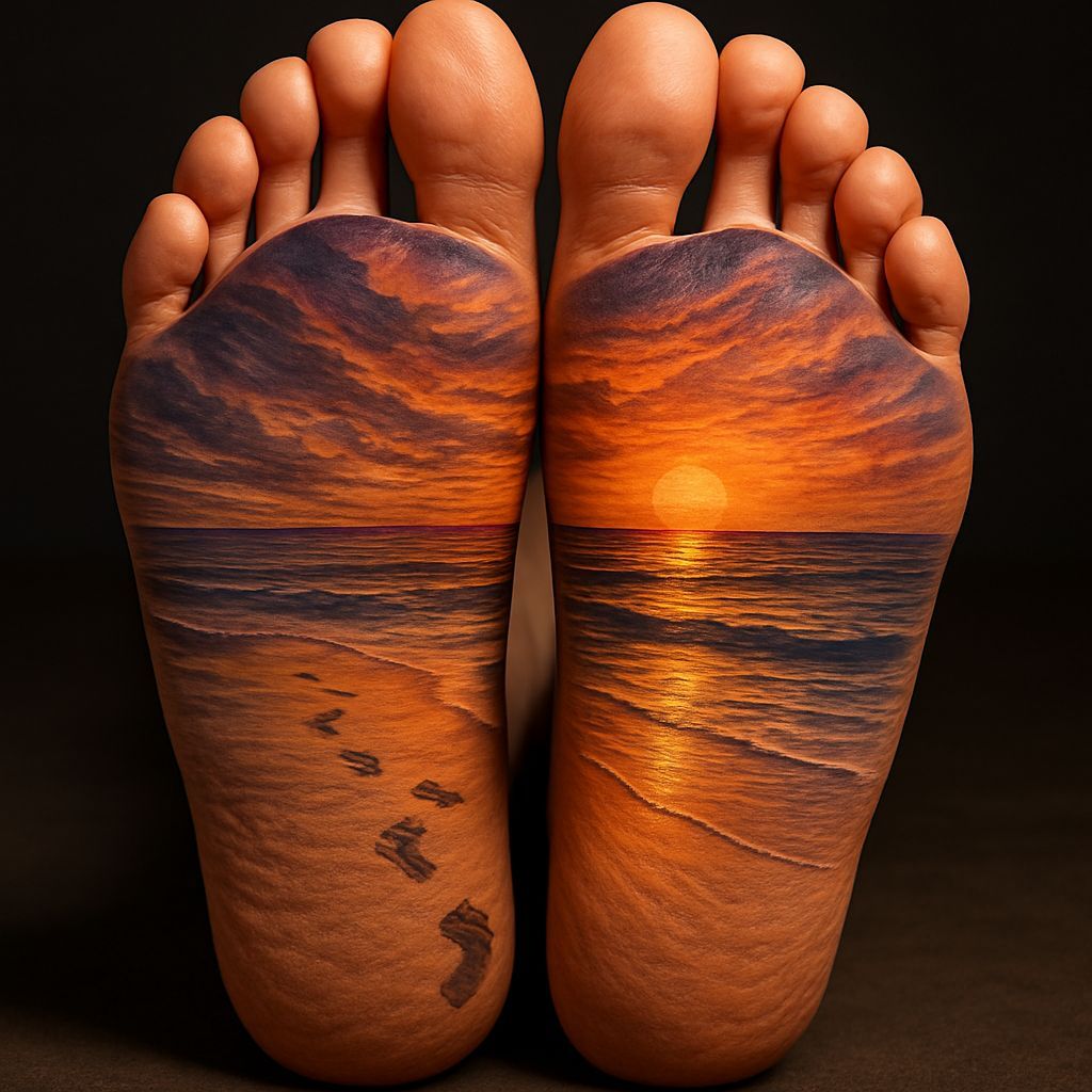 Golden Sunset Tattoo: Surreal Foot Mural