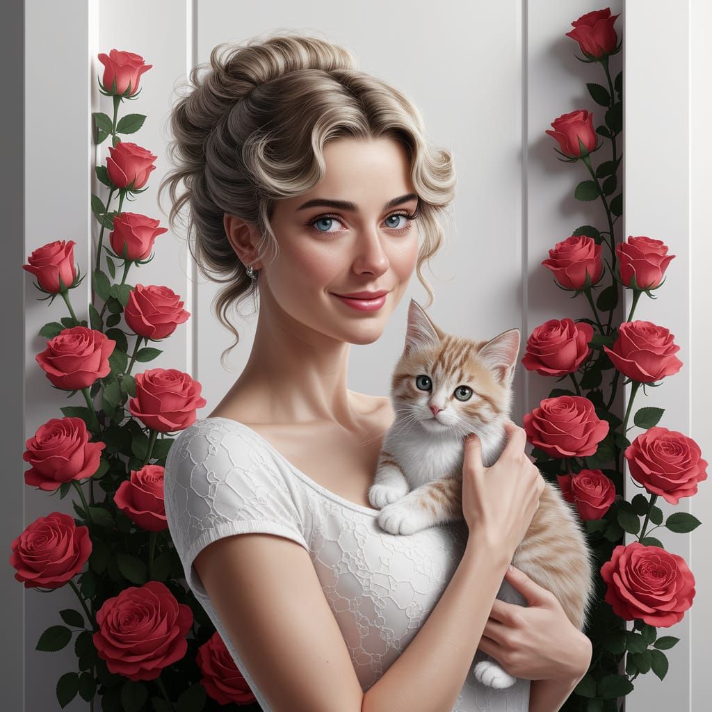 European Woman with Kitten in Digital Acrylic Art
