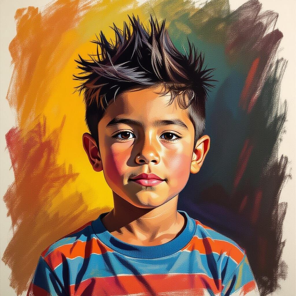 Mexican Boy Self-Portrait Drawing in Folk Art Style