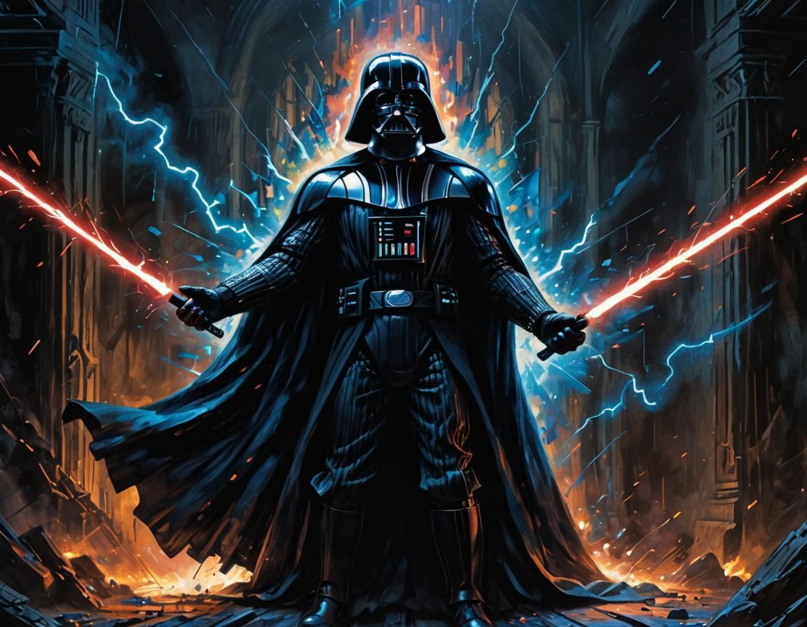 Darth Vader Wielding Force Lightning as Oil Painting