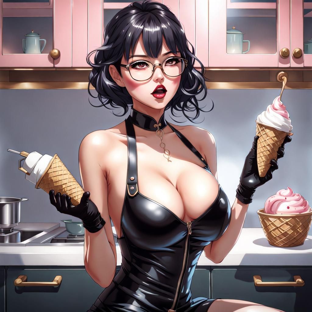Anime-Style Portrait of Woman Eating Ice Cream