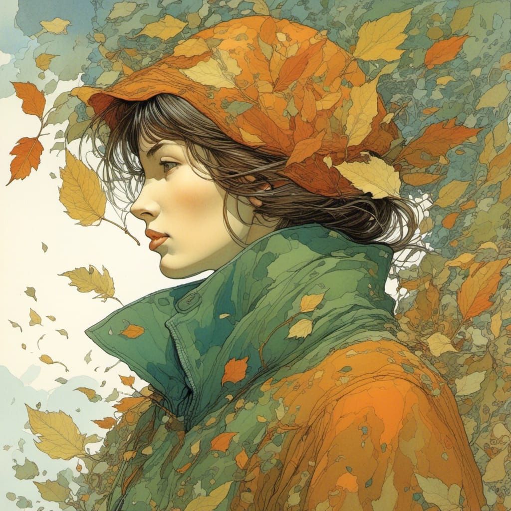 Woman in Leaf Jacket, Moebius-Inspired Art
