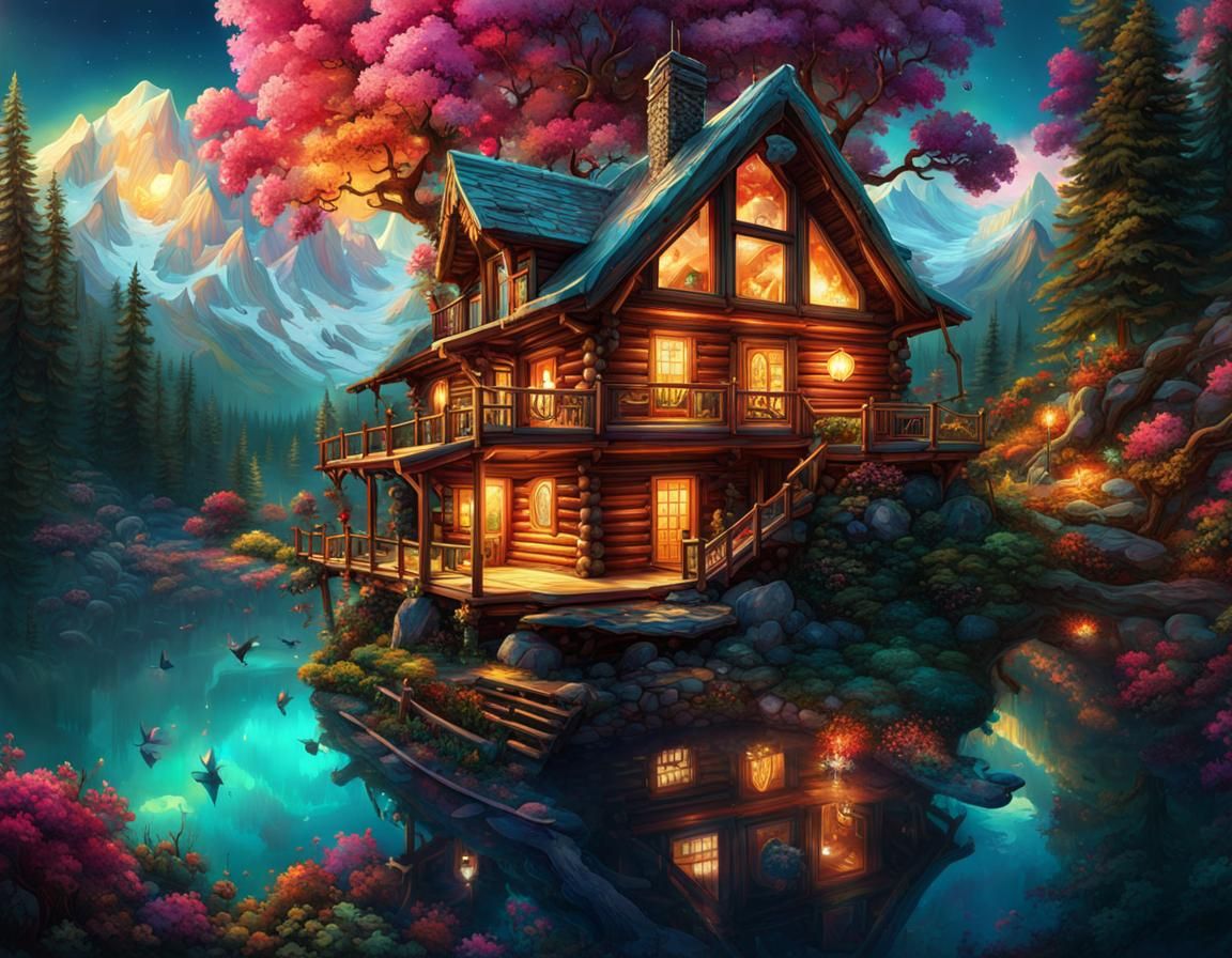 Magical Log Cabin with Flowing Liquid in 3D