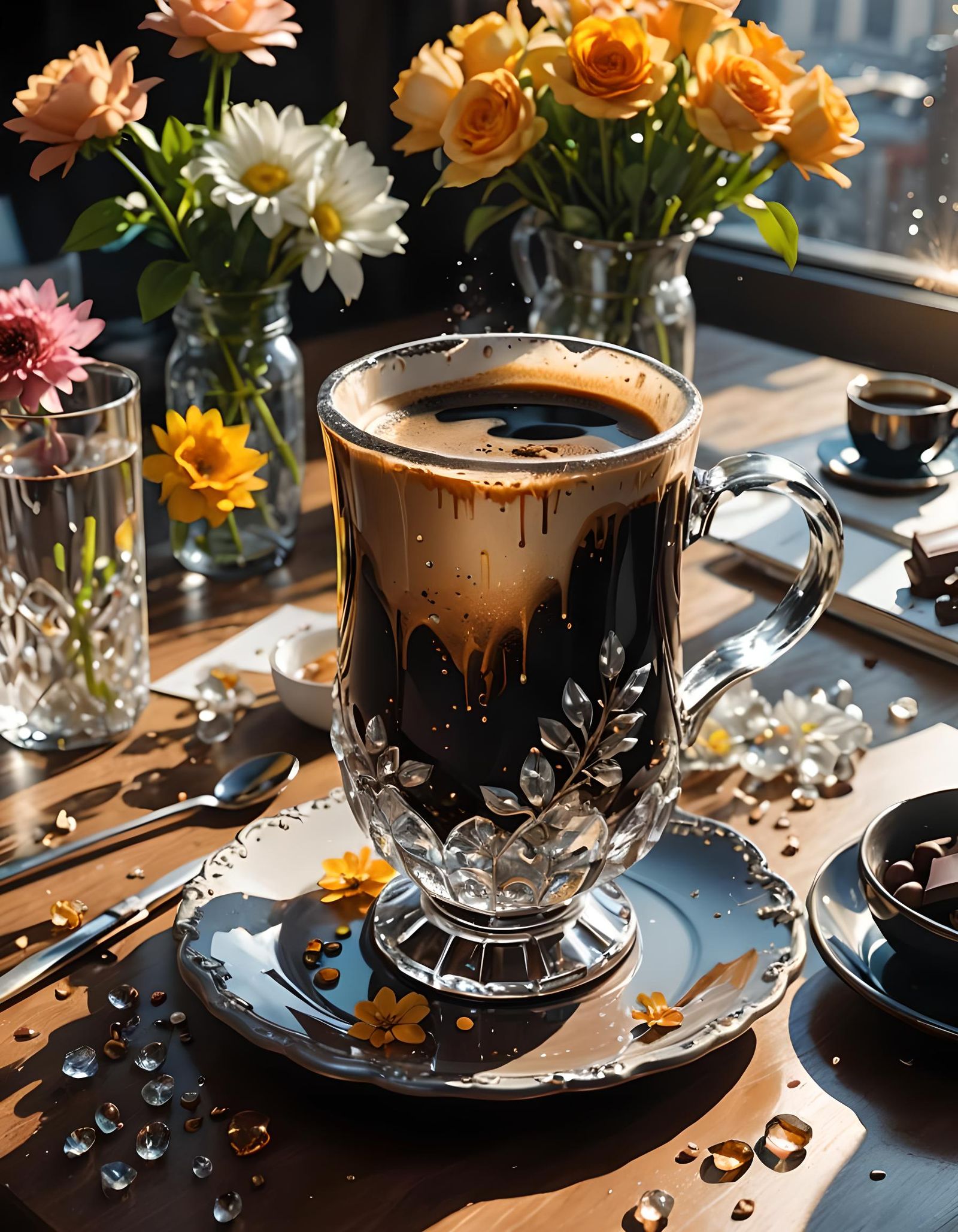 Steamy Crystal Coffee Mug with Chocolate, Detailed Art