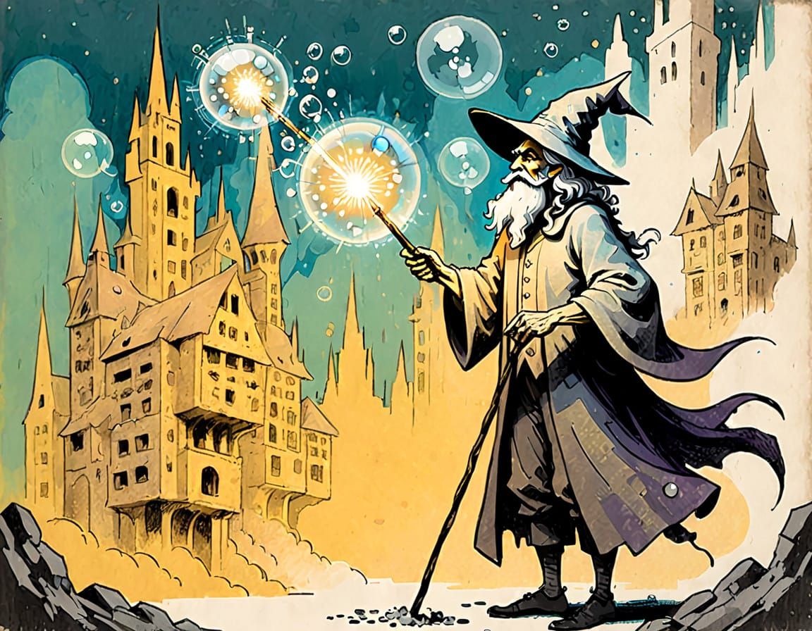 Magical Buildings in Psychedelic Dreamscape with Wizard