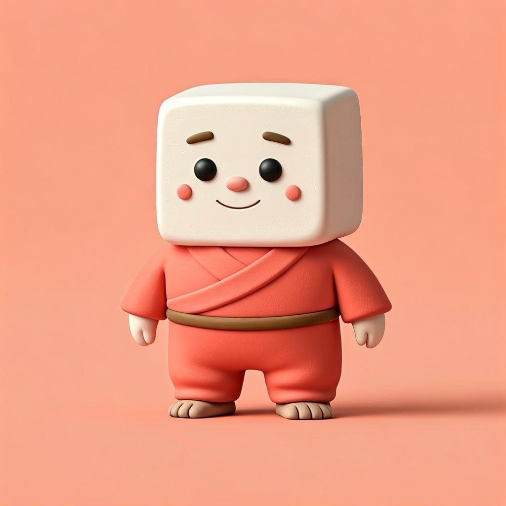 Whimsical Silken Tofu Monk in Coral Pink Attire