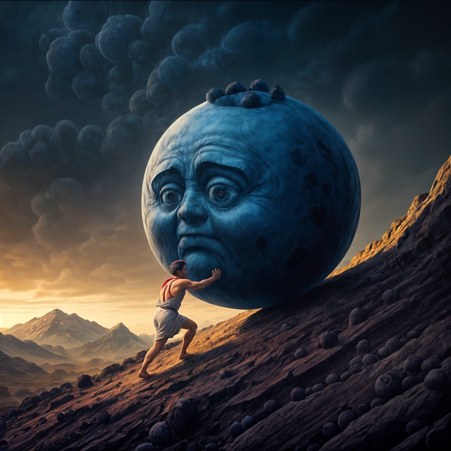 Sisyphus Condemned To Eternally Push A Gigantic Blueberry Uphill