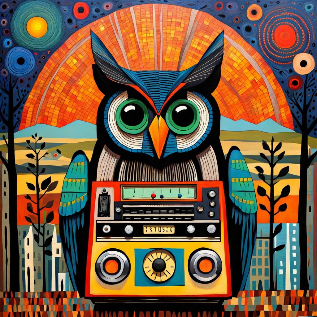 Owl on the Radio in Folk Art Style