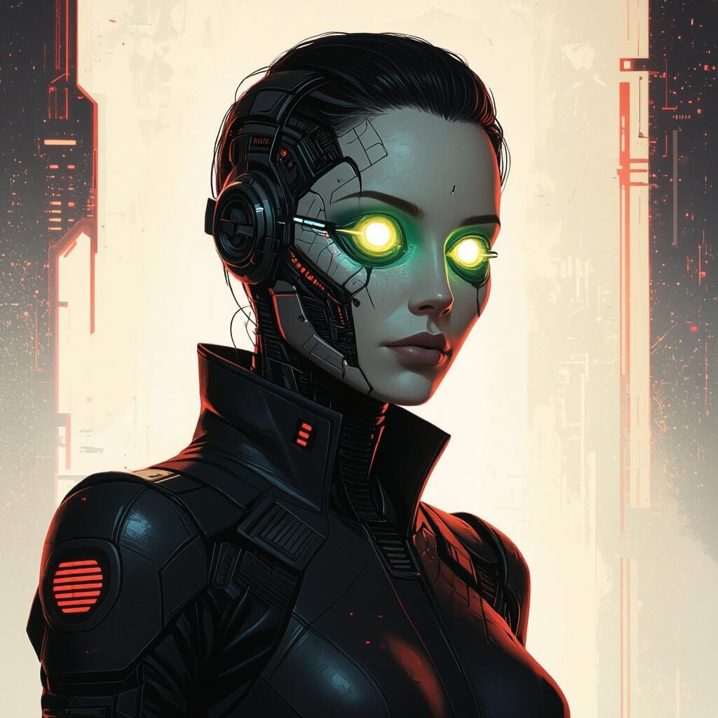 Cybernetic Portrait with Glowing Eyes in Noir Style