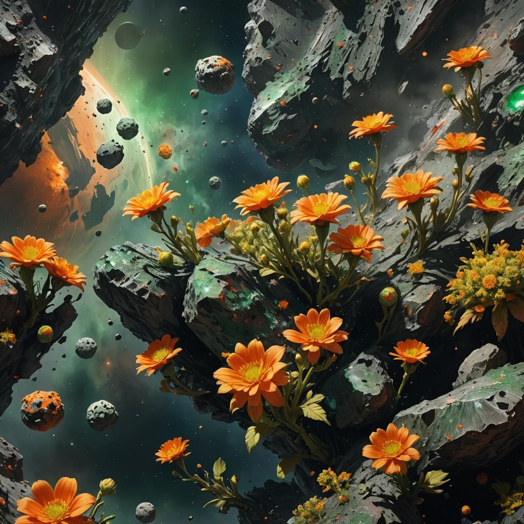 Hyperrealistic Flowers Bloom on Asteroid in Space