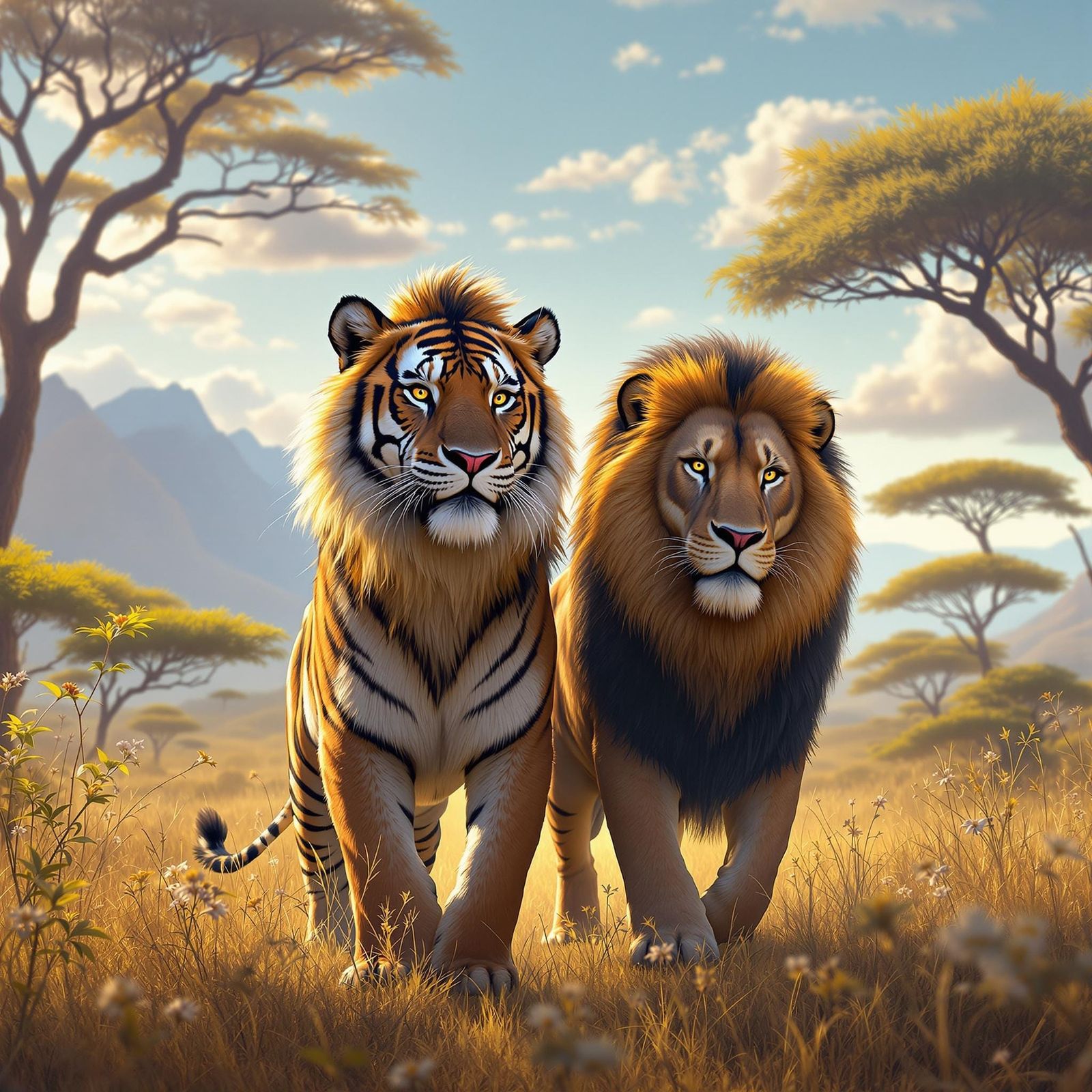 Elegant Majestic Tiger and Lion Strolling Through African Sa...