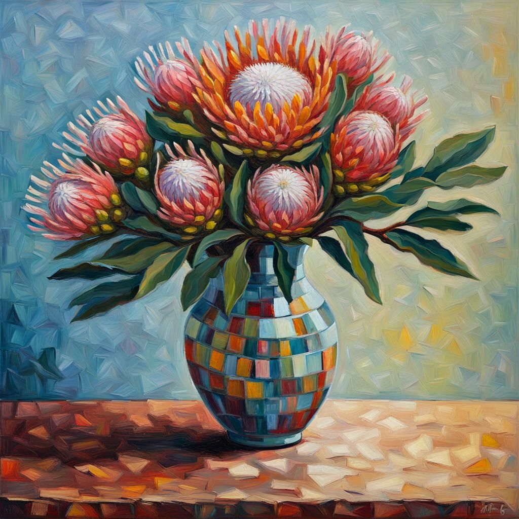 Pincushion Protea in Vase: Neo-Impressionist Oil Painting