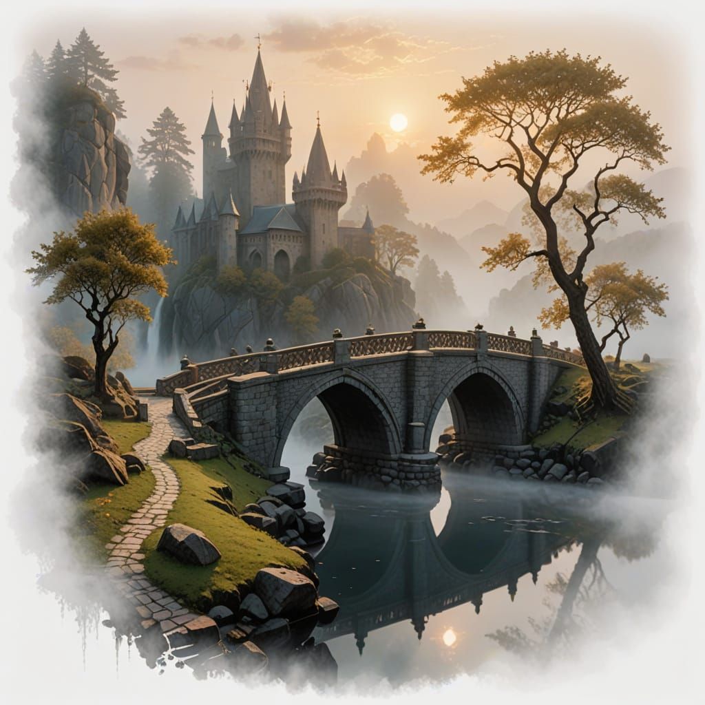 Gothic Stone Bridge Shrouded in Morning Mist