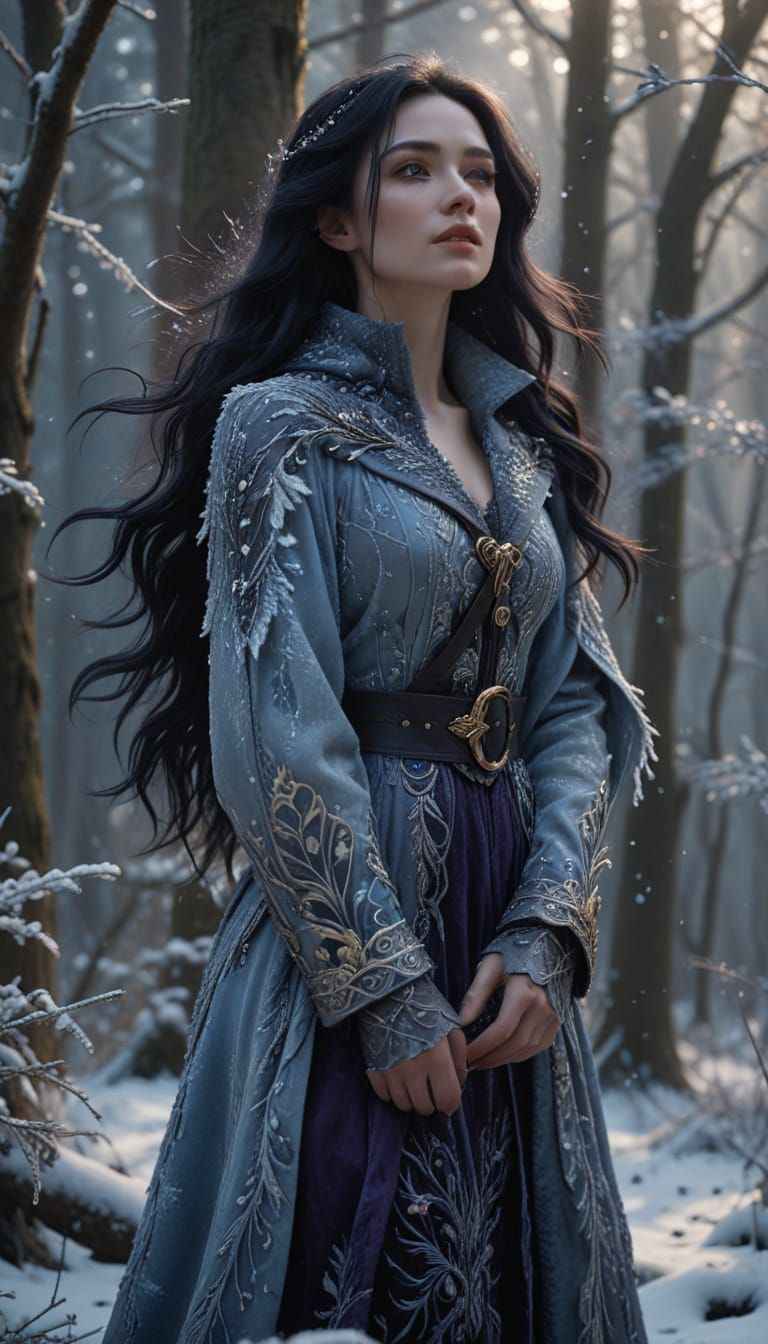 Ethereal Fantasy Woman in Snowy Forest