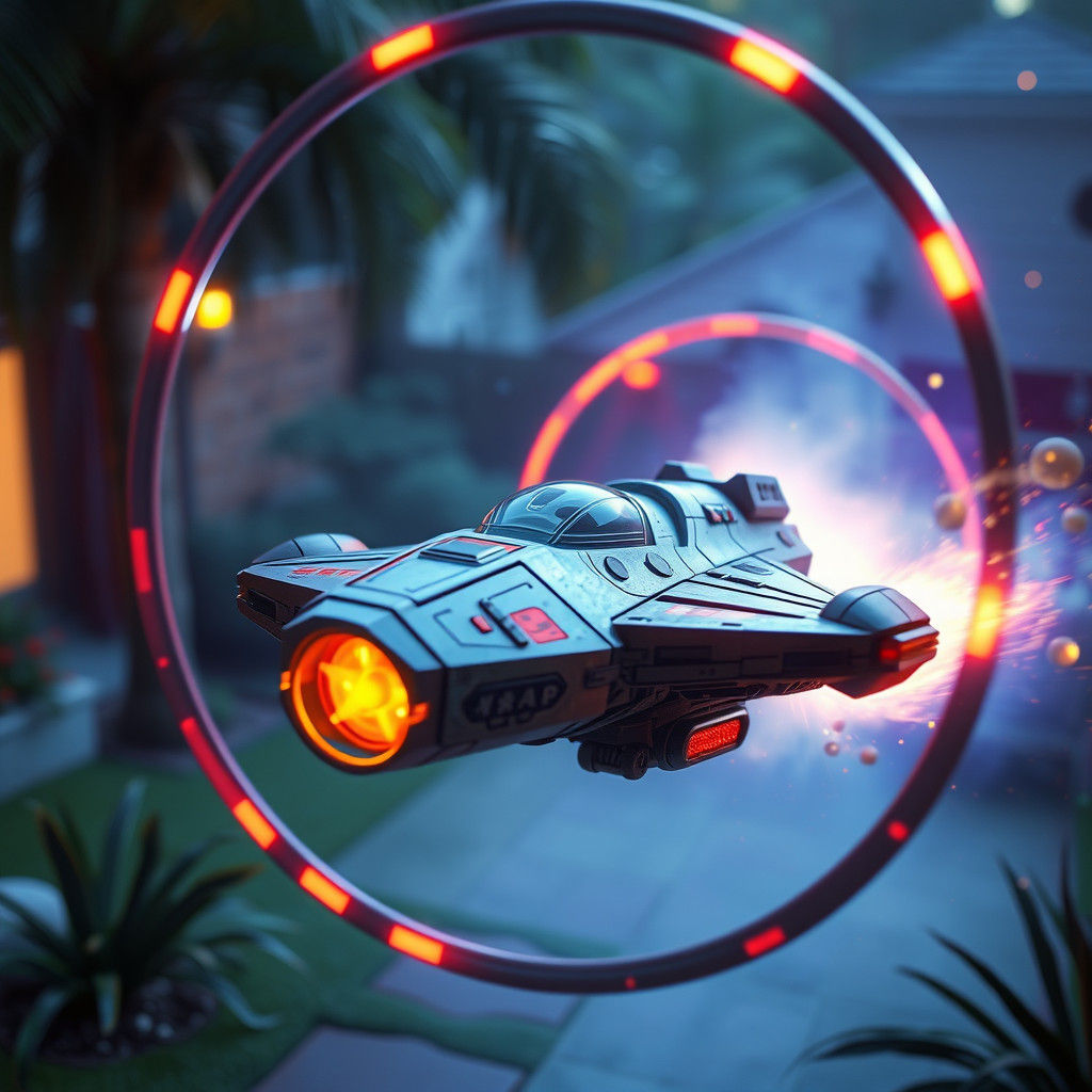 Futuristic Toy Spaceship Soaring Through Hoops