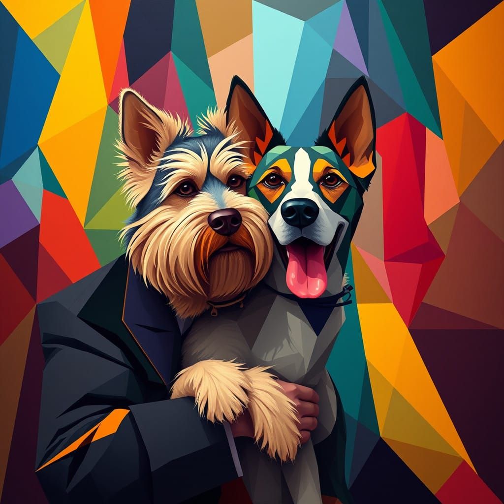 Dynamic Canine and Human Bond in Geometric Cubist Style