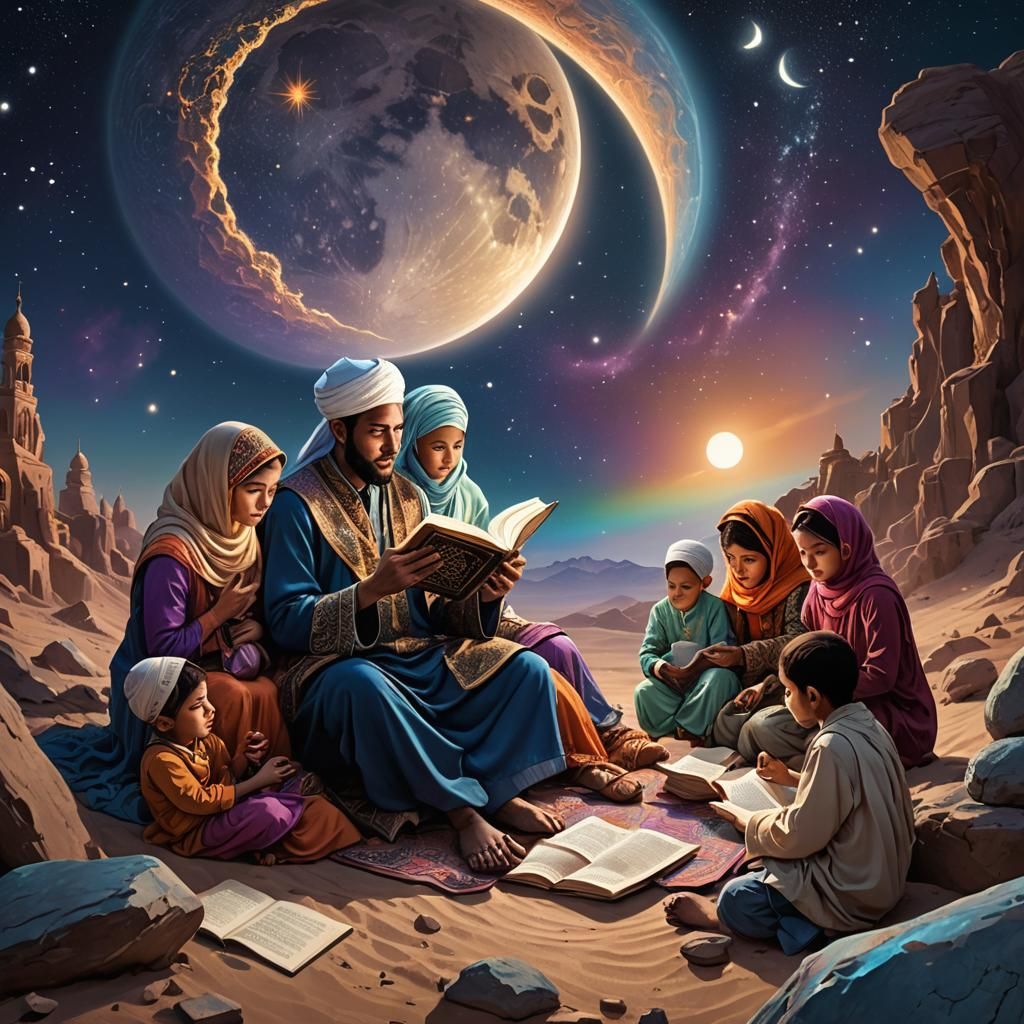 Muslim Family Reads Quran on Moon, Digital Art