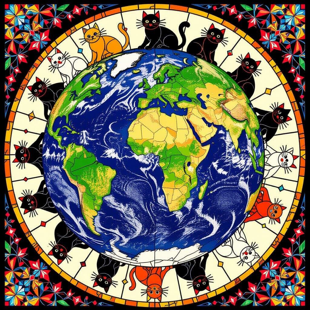 Tiffany stained glass-style Cubism with multiple perspective...