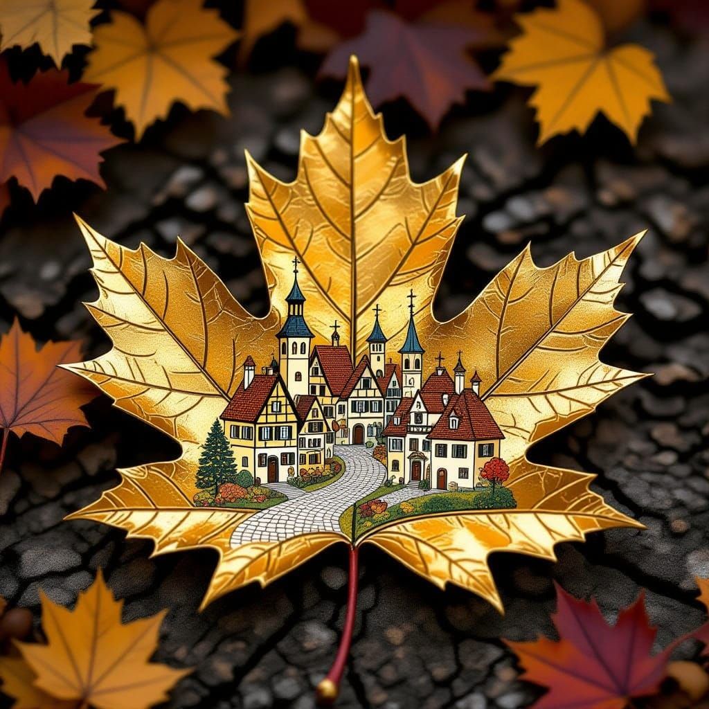 Surreal Maple Leaf Art in Metallic Style with Whimsical Vill...