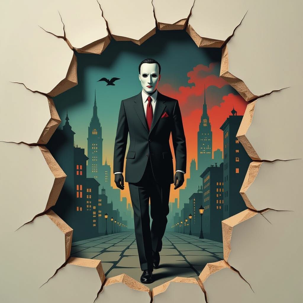 Surreal Facade: Hollow Figure in Shadowed Cityscape