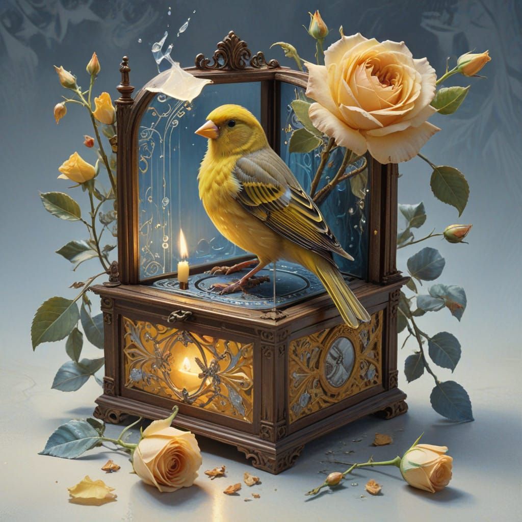 Tempera Painting of a Canary in a Music Box