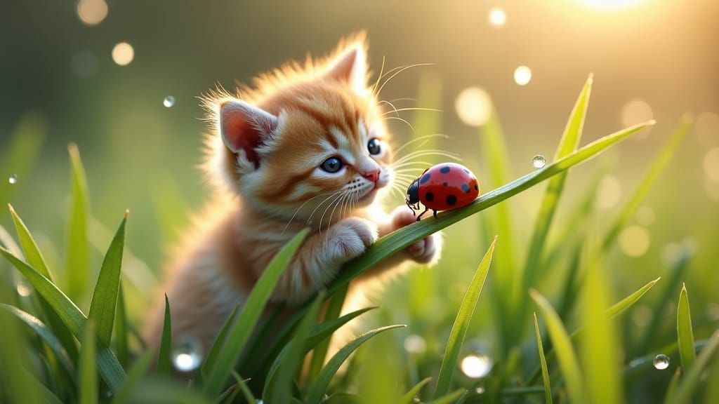 Tiny Kitten and Ladybug in Dewdrop Meadow