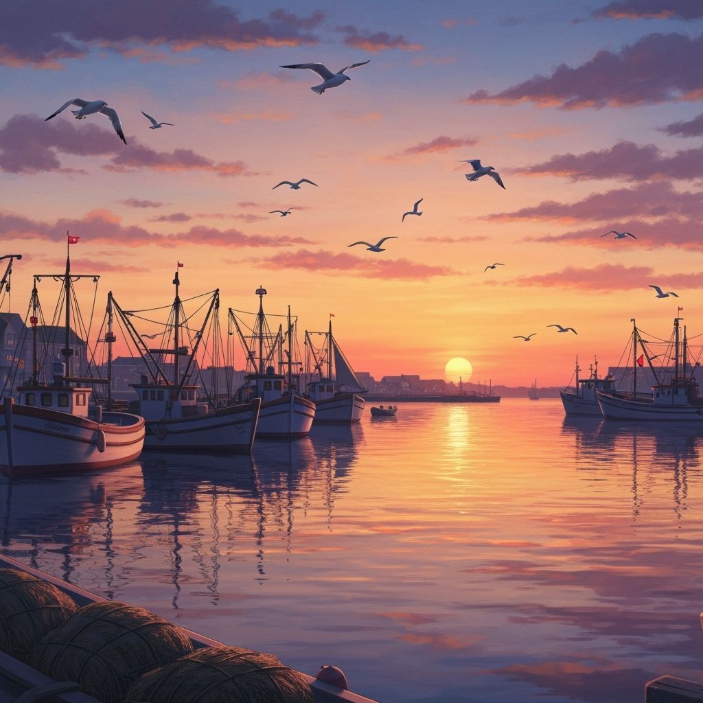 Tranquil Harbor Sunset with Fishing Boats