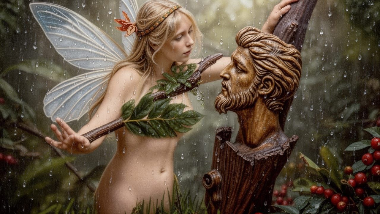 Blond Fairy Woman in Misty Forest with Wooden Statue