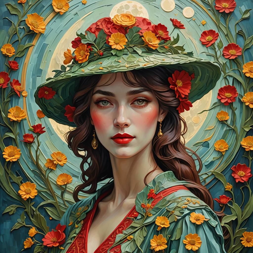 Art Nouveau Impasto Portrait of Woman in Red Hat
