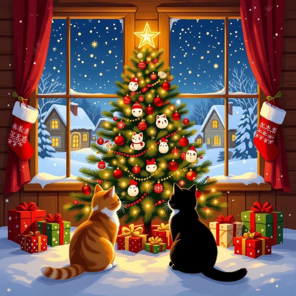 Cozy Christmas Cabin with Cats and Snowy Village