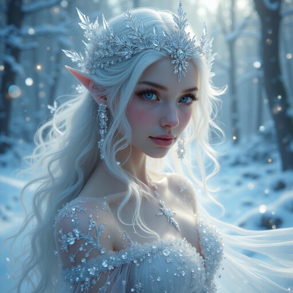 Ethereal Snow Elf in Surreal Winter Landscape