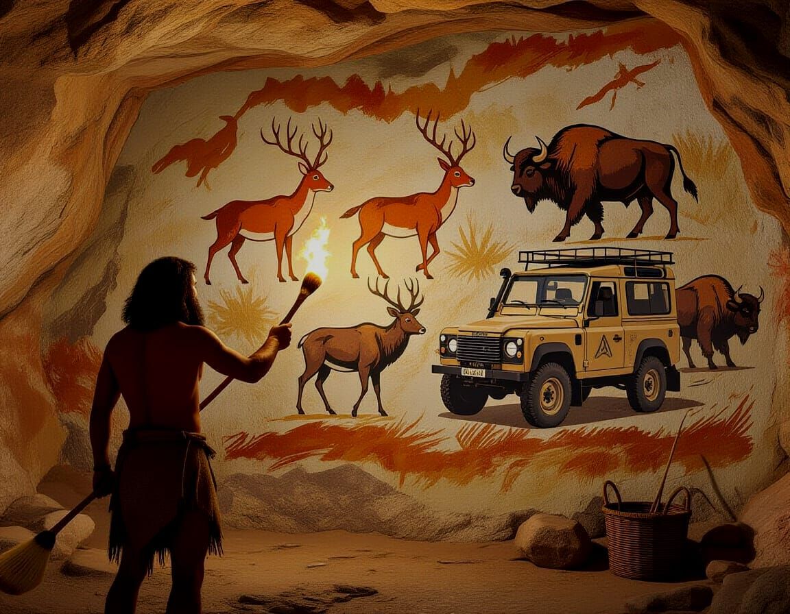 Prehistoric Cave Painting with Land Rover