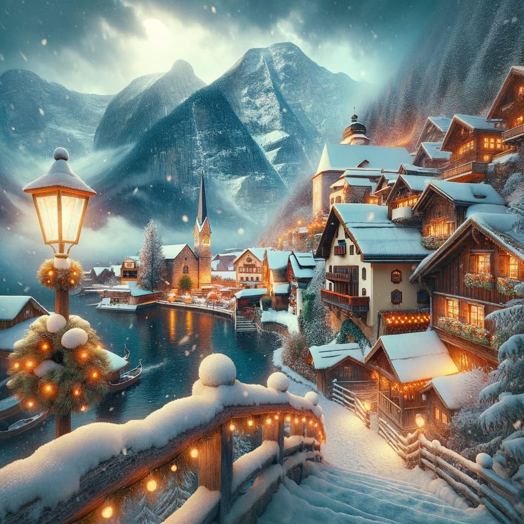 Picturesque Winter Village in Hallstatt, Austria