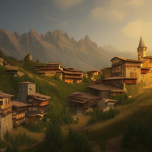 Pyrenees Mountain Town: Detailed Matte Painting