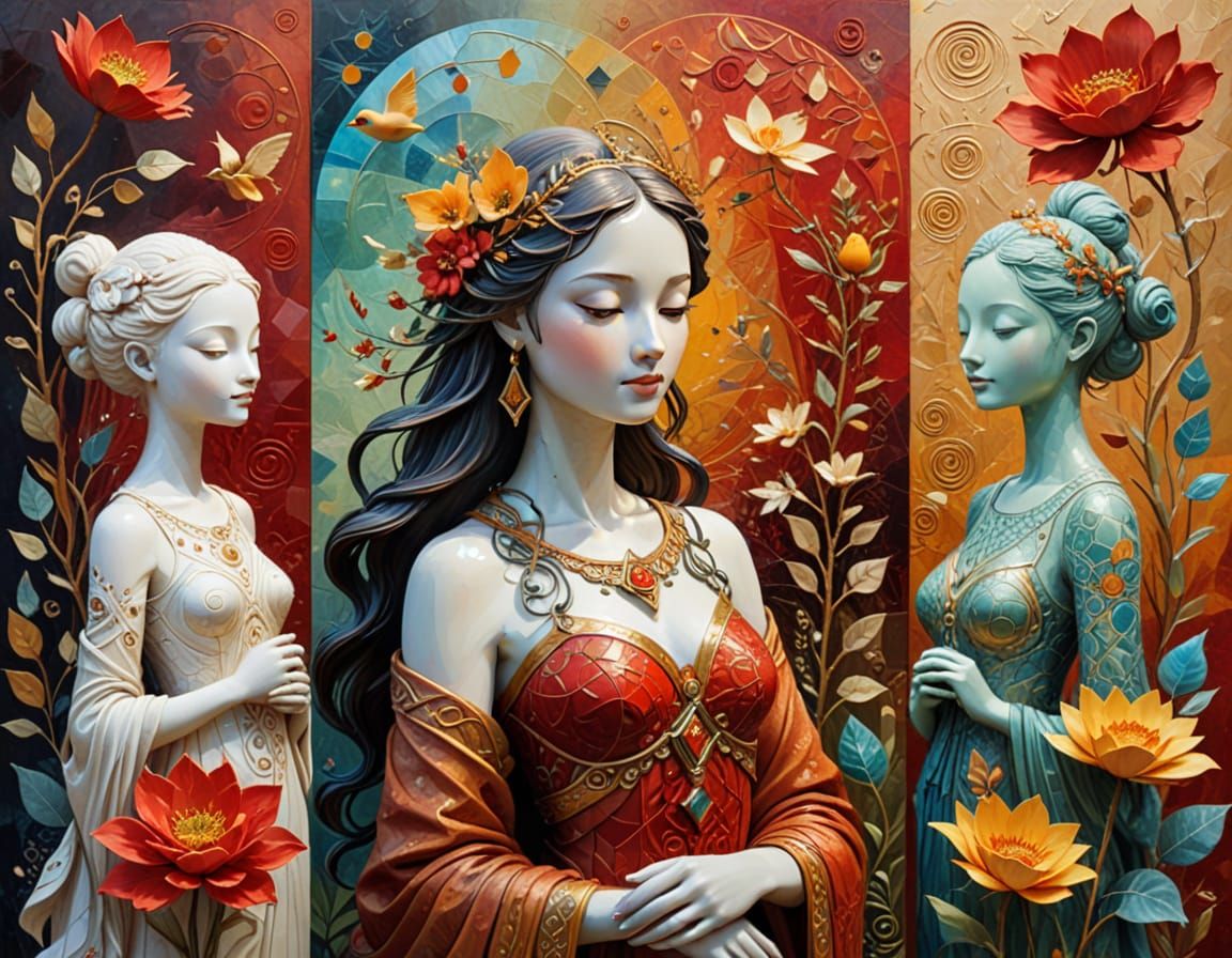 Four Seasons Goddesses in Surrealist Landscape