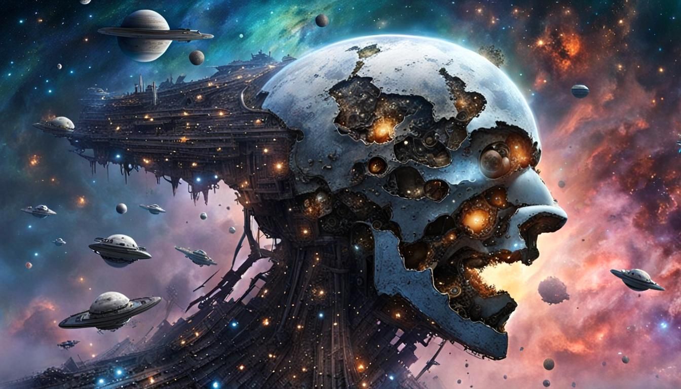 Gigantic Cyberpunk Head Floating in Space