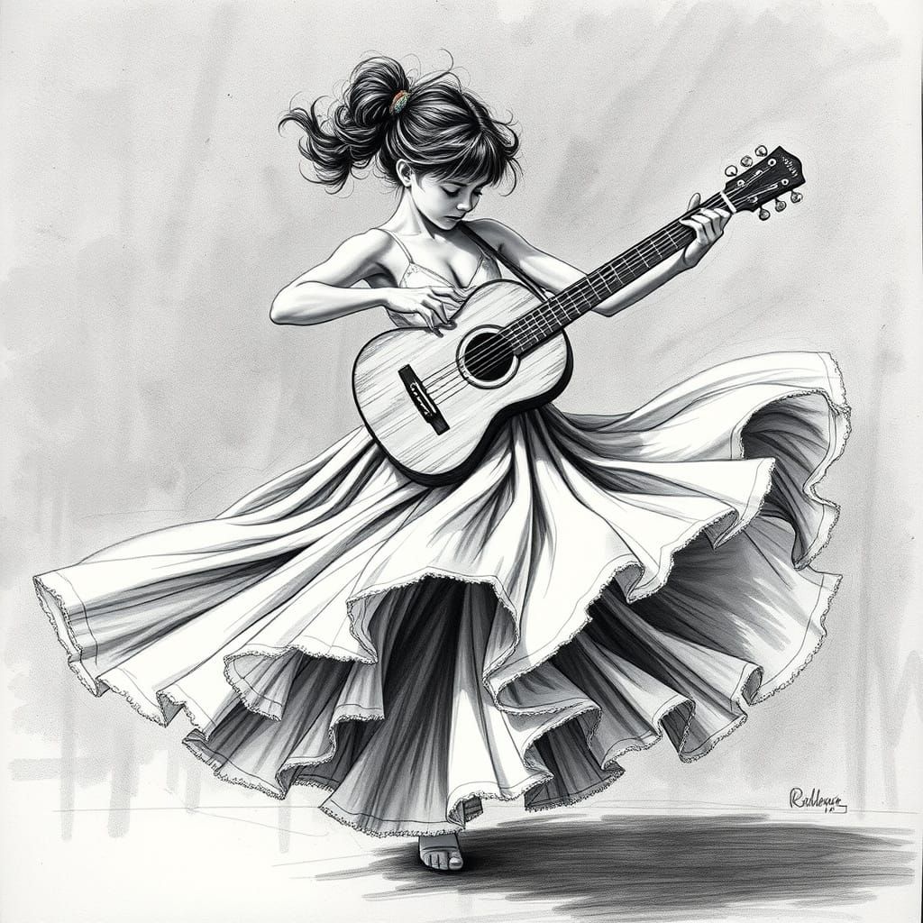 Flamenco Dancer on Guitar Strings: Charcoal Sketch