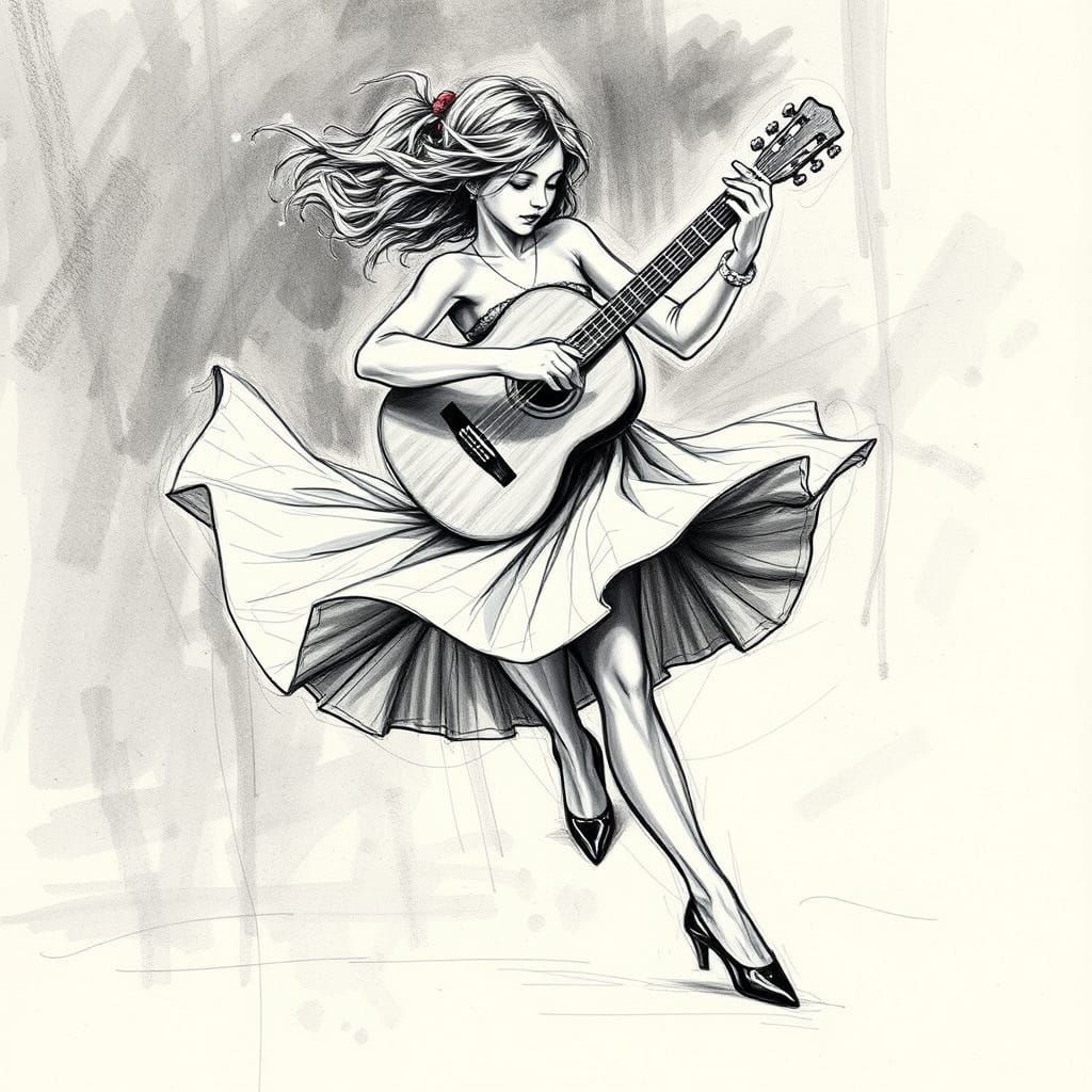 Flamenco Dancer on Guitar Strings: Charcoal Sketch