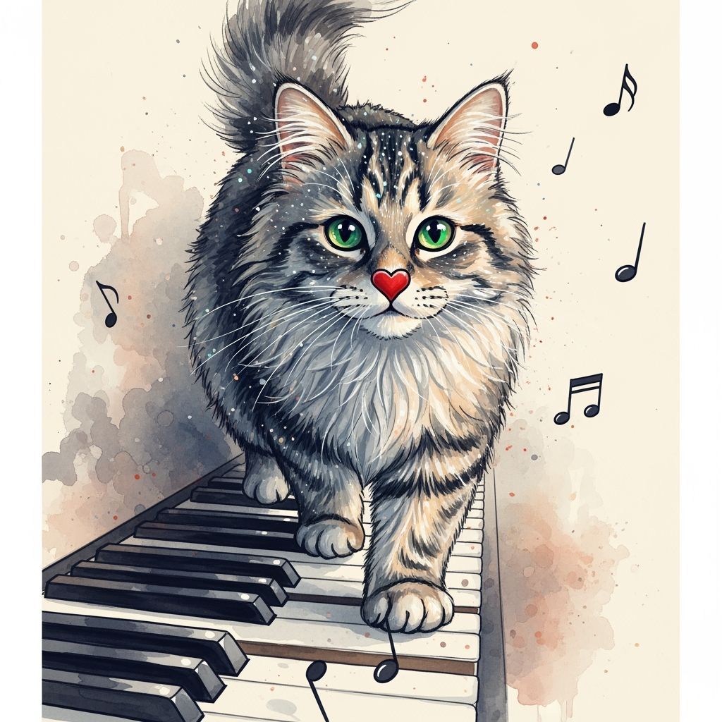 Cat Pianist with Music Notes in Watercolor Style