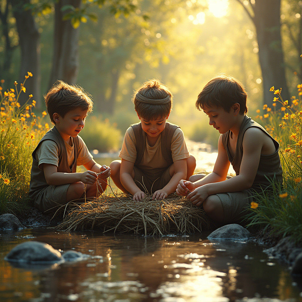 Boys Building Rafts, Art Nouveau Dark Fantasy