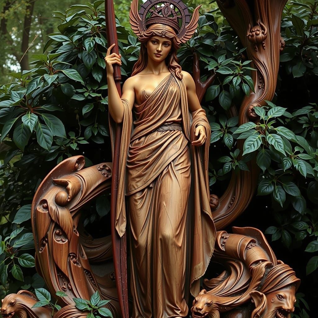 Detailed Redwood Carving of Artemis with Bow