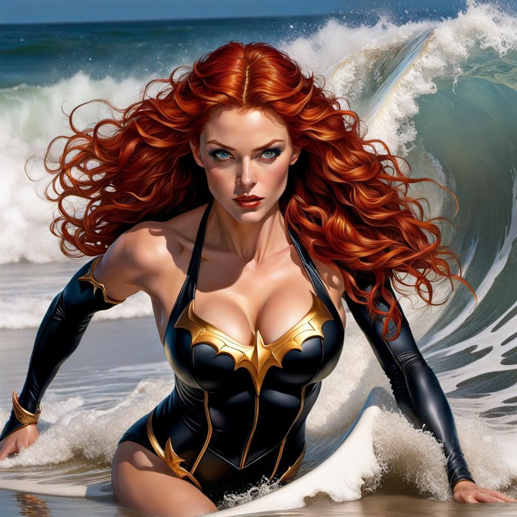 Batgirl Bikini Beach Jump: A Hyperrealistic Portrait