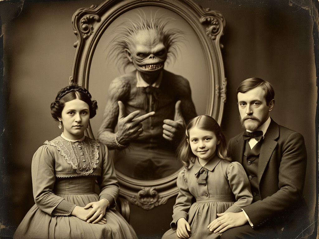 Eerie Daguerreotype Portrait with Reflected Monster