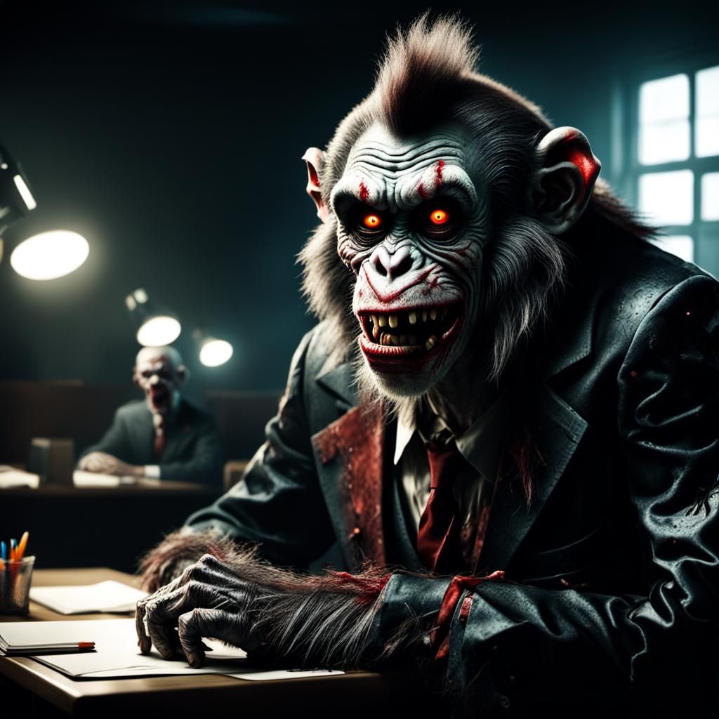 Zombie Monkey Clown Schoolteacher in Dimly Lit Classroom