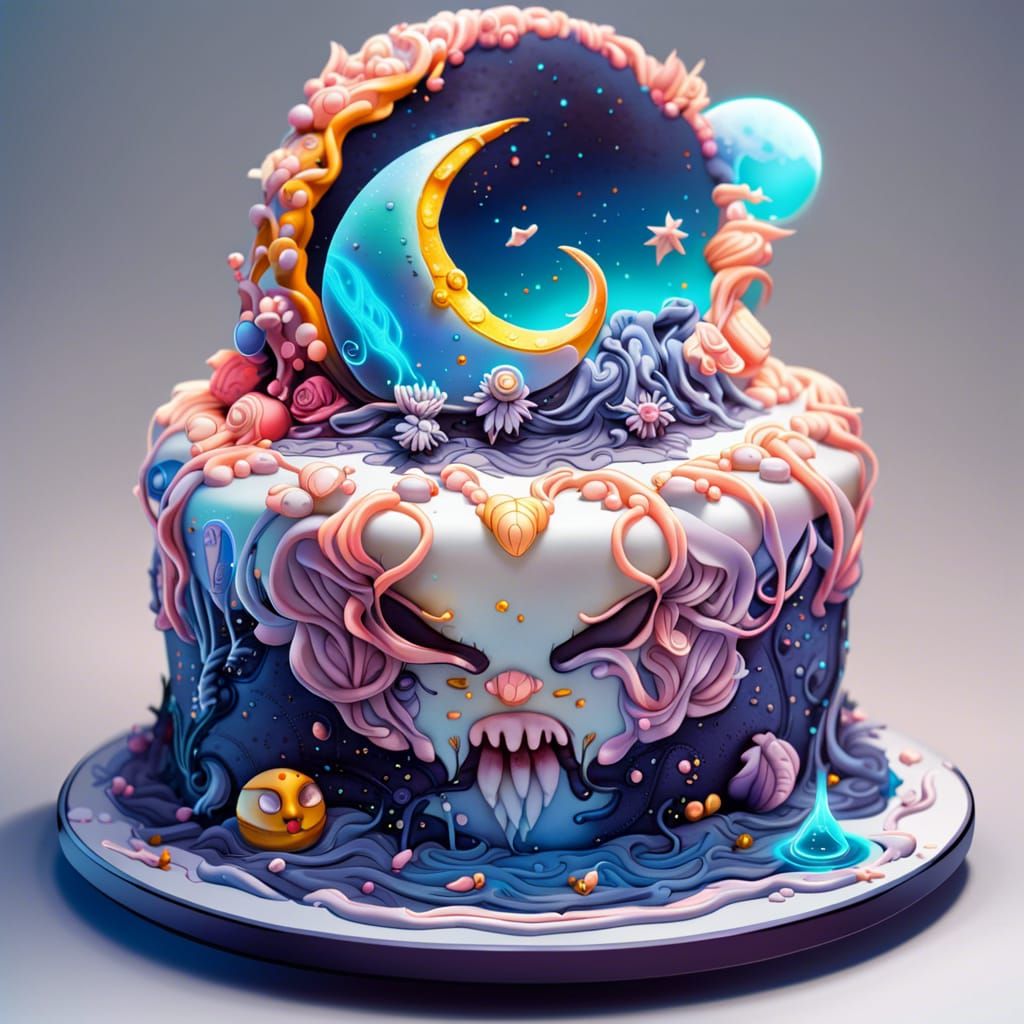 Futuristic Crescent Moon Cake in Anime Style