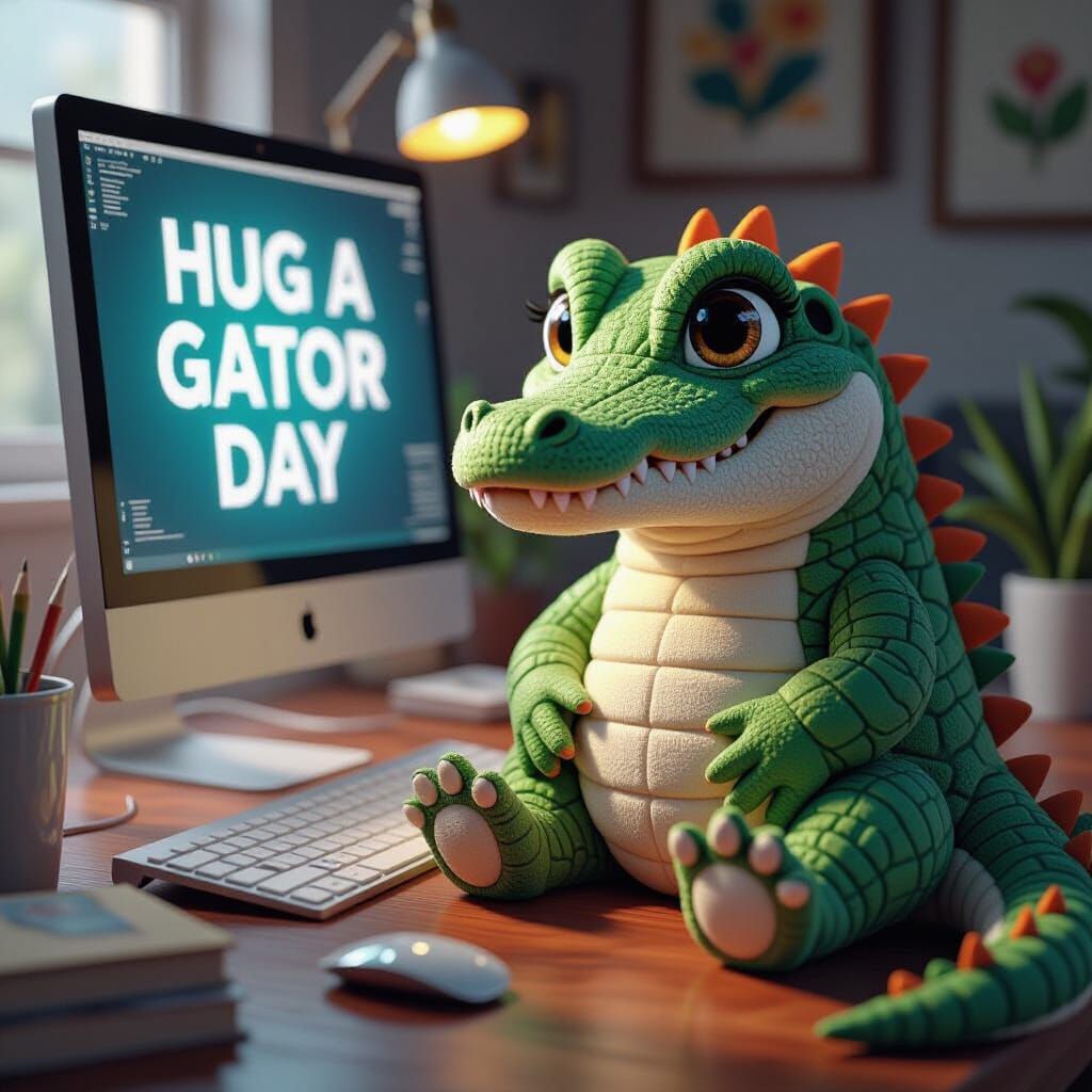 Fluffy Alligator at Computer for Hug A Gator Day