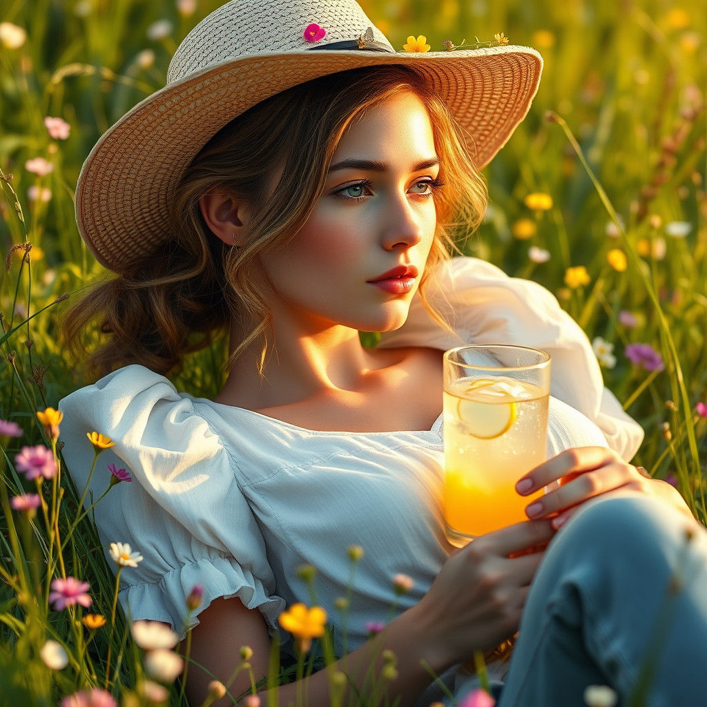 Serene Girl in Meadow, Photorealistic Matte Painting