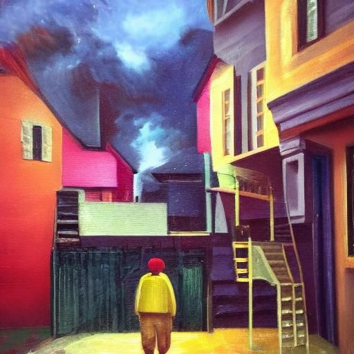 Person Walks Under Ladder: Surreal Oil Painting