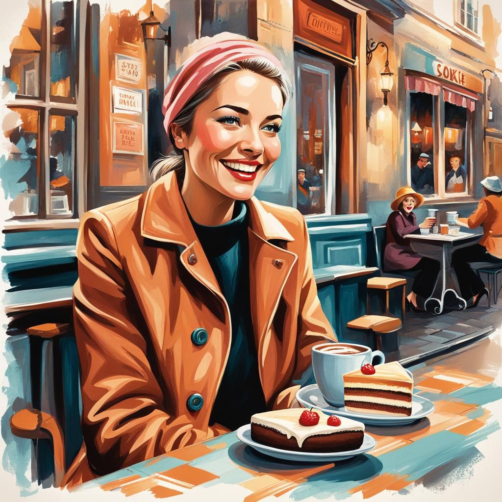 Vintage Illustration of Woman in Coffee Shop
