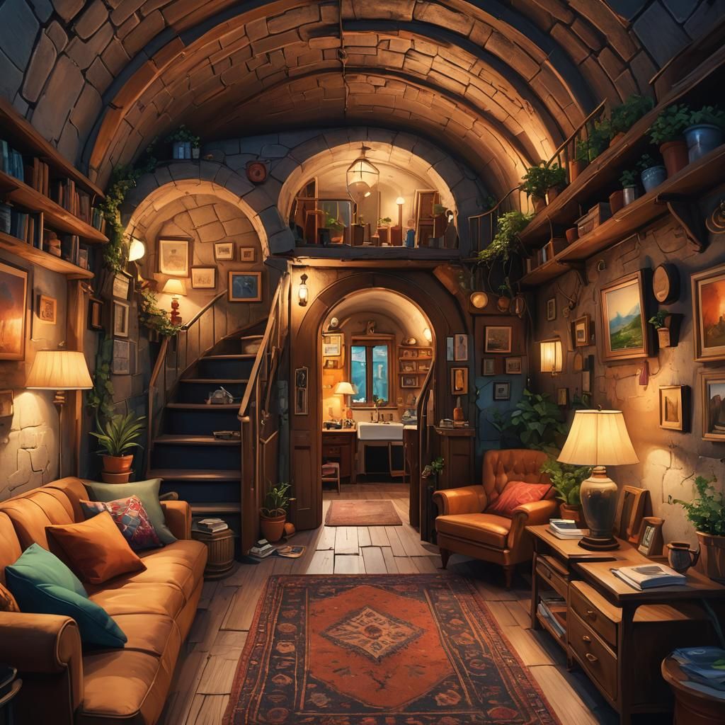Cozy Tunnel Home in Vibrant Oil Painting Style